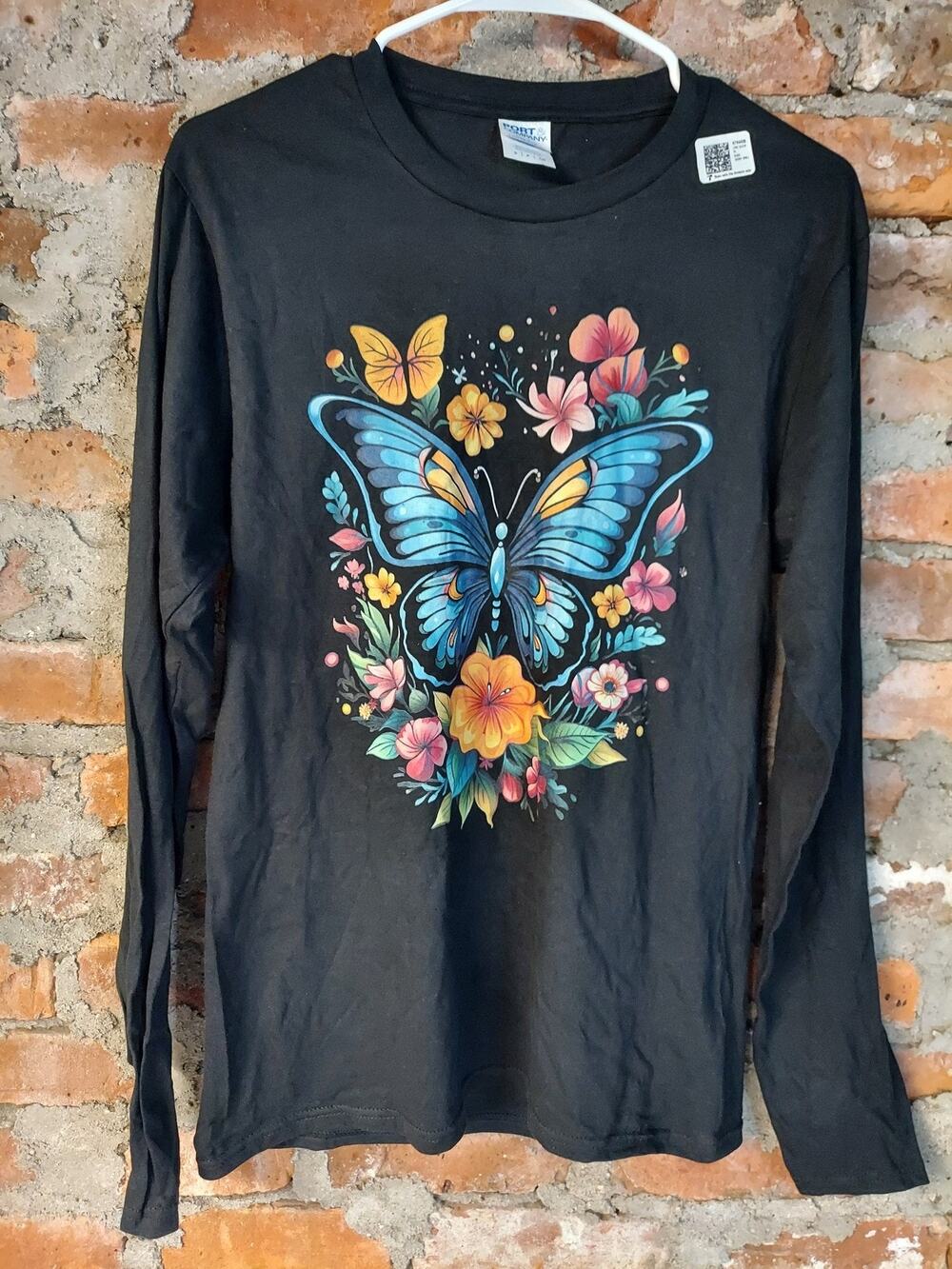 Womens Long Sleeve T Shirt Top S Small Black Butterfly Floral Graphic